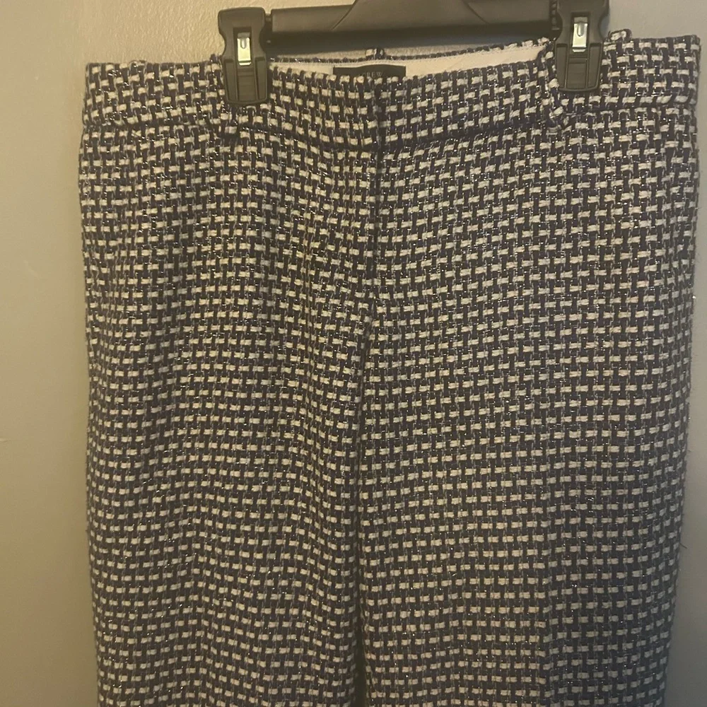 J. Crew pants - “Cafe Capri” silk/cotton blend black/white/royal blue tweed